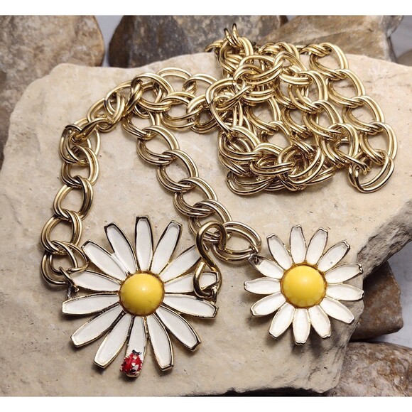 Vintage Weiss Sunny Daisy Enamel Chain Link Belt Necklace Rare main image 11
